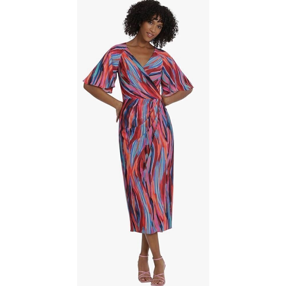 Maggy London Women's Short Flutter Sleeve Faux Wrap Midi Dress